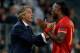 TURIN, ITALY - OCTOBER 02: Galatasaray AS coach Roberto Mancini (L) has words with Didier Drogba during UEFA Champions League Group B match between Juventus and Galatasaray AS at Juventus Arena on October 2, 2013 in Turin, Italy. (Photo by Claudio Villa