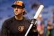 Sep 20, 2013; St. Petersburg, FL, USA; Baltimore Orioles right fielder Michael Morse (38) works out prior to the game against the Tampa Bay Rays at Tropicana Field. Mandatory Credit: Kim Klement-USA TODAY Sports
