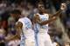 GREENSBORO, NC - MARCH 16: (R-L) P.J. Hairston #15 and Reggie Bullock #35 of the North Carolina Tar Heels celebrate in the second half while taking on the Maryland Terrapins during the men's ACC Tournament semifinals at Greensboro Coliseum on March 16, 2