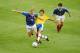 Leonardo of Brazil challenges Emmanuel Petit of France as Bixente Lizarazu looks on during the1998 FIFA World Cup Final match on 12 July 1998 played at the Stade de France, Paris, France. The match resulted in a 3-0 victory for France.(Photo by Stu Forste