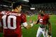 TUSCALOOSA, AL - OCTOBER 19: Blake Sims #6 of the Alabama Crimson Tide celebrates their 52-0 win over the Arkansas Razorbacks with AJ McCarron #10 at Bryant-Denny Stadium on October 19, 2013 in Tuscaloosa, Alabama. (Photo by Kevin C. Cox/Getty Images)