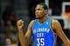 Dec 10, 2013; Atlanta, GA, USA; Oklahoma City Thunder small forward Kevin Durant (35) celebrates after a play in the second half against the Atlanta Hawks at Philips Arena. The Thunder won 101-92. Mandatory Credit: Daniel Shirey-USA TODAY Sports