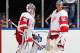 UNIONDALE, NY - NOVEMBER 29: Jimmy Howard #35 and Jonas Gustavsson #50 of the Detroit Red Wings meet up following the game against the New York Islanders at the Nassau Veterans Memorial Coliseum on November 29, 2013 in Uniondale, New York. The Red Wings