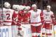 May 18, 2013; Chicago, IL, USA; Detroit Red Wings left wing Johan Franzen (right) is congratulated by defenseman Brendan Smith (2) after scoring a goal in the third period of game two of the second round of the 2013 Stanley Cup Playoffs against the Chicag