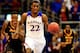 LAWRENCE, KS - NOVEMBER 22: Andrew Wiggins #22 of the Kansas Jayhawks drives upcourt on a fast break as Timajh Parker-Rivera #15 and Rafriel Guthrie #22 of the Towson Tigers chase during the game at Allen Fieldhouse on November 22, 2013 in Lawrence, Kansa