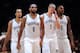 NEW YORK, NY - NOVEMBER 27: Shaun Livingston #14, Alan Anderson #6, Mason Plumlee #1 and Andray Blatche #0 of the Brooklyn Nets walk onto the court following a timeout in the second quarter against the Los Angeles Lakers at Barclays Center on November 27