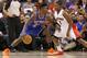 Oct 11, 2013; Toronto, Ontario, CAN; New York Knicks guard Iman Shumpert (21) looks to get past Toronto Raptors point guard Kyle Lowry (7) at Air Canada Centre. The Raptors beat the Knicks 100-91. Mandatory Credit: Tom Szczerbowski-USA TODAY Sports