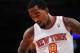 NEW YORK, NY - OCTOBER 25: J.R. Smith #8 of the New York Knicks reacts during the first half against the Charlotte Bobcats at Madison Square Garden on October 25, 2013 in New York City. The Bobcats defeated the Knicks 85-83. NOTE TO USER: User expressly