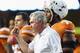 AUSTIN, TX - SEPTEMBER 21: Head coach Mack Brown pumps his fist after a call was overturned during play against the Kansas State Wildcats at Darrell K Royal-Texas Memorial Stadium on September 21, 2013 in Austin, Texas. (Photo by Ronald Martinez/Getty I