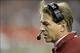 Nov 30, 2013; Auburn, AL, USA; Alabama Crimson Tide head coach Nick Saban reacts during the fourth quarter against the Auburn Tigers at Jordan Hare Stadium. Auburn Tigers won 34-28. Mandatory Credit: John David Mercer-USA TODAY Sports