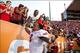 Aug 31, 2013; Corvallis, OR, USA; Eastern Washington Eagles quarterback Vernon Adams (3) celebrates with fans after defeating the Oregon State Beavers 49-46 at Reser Stadium. Mandatory Credit: Jaime Valdez-USA TODAY Sports