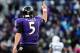 Nov 24, 2013; Baltimore, MD, USA; Baltimore Ravens quarterback Joe Flacco (5) reacts after throwing a 66 yard touchdown pass in the third quarter against the New York Jets at M&T Bank Stadium. The Ravens won 19-3. Mandatory Credit: Evan Habeeb-USA TODAY S