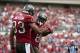 Dec 8, 2013; Tampa, FL, USA; Tampa Bay Buccaneers tight end Timothy Wright (81) congratulates wide receiver Vincent Jackson (83) after he scored a touchdown during the second half of the game against the Buffalo Bills at Raymond James Stadium. Mandatory C