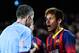 BARCELONA, SPAIN - DECEMBER 14: Neymar of FC Barcelona talks with the referee after being shown a yellow card during the La Liga match between FC Barcelona and Villarreal CF at Camp Nou on December 14, 2013 in Barcelona, Spain. (Photo by David Ramos/Get