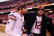 Dec 15, 2013; Cleveland, OH, USA; Chicago Bears quarterback Jay Cutler (6) celebrates with quarterback Josh McCown (12) after defeating the Cleveland Browns 38-31 at FirstEnergy Stadium. Mandatory Credit: Andrew Weber-USA TODAY Sports