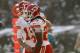 Dec 15, 2013; Oakland, CA, USA; Kansas City Chiefs running back Jamaal Charles (25) is congratulated by quarterback Alex Smith (11) after catching a touchdown pass against the Oakland Raiders in the second quarter at O.co Coliseum. Mandatory Credit: Cary
