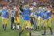 Nov 30, 2013; Los Angeles, CA, USA; UCLA Bruins linebacker Anthony Barr (11) celebrates after sacking Southern California Troans quarterback Cody Kessler (not pictured) in the fourth quarter at Los Angeles Memorial Coliseum. Mandatory Credit: Kirby Lee-US