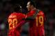 MADRID, SPAIN - NOVEMBER 27: Umut Bulut of Galatasaray AS celebrates scoring their opening goal with team mate Tue Na Bangna Bruma the UEFA Champions League group B match between Real Madrid CF and Galatasaray AS at Estadio Santiago Bernabeu on November 2
