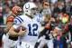 Dec 8, 2013; Cincinnati, OH, USA; Indianapolis Colts quarterback Andrew Luck (12) runs the ball down field during the second half of the game at Paul Brown Stadium. Cincinnati Bengals beat Indianapolis Colts 42-28 Mandatory Credit: Marc Lebryk-USA TODAY S