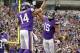 Dec 15, 2013; Minneapolis, MN, USA; Minnesota Vikings wide receiver Greg Jennings (15) celebrates his touchdown with wide receiver Joe Webb (14) during the first quarter against the Philadelphia Eagles at Mall of America Field at H.H.H. Metrodome. Mandato