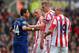 STOKE ON TRENT, ENGLAND - APRIL 14: Javier Hernandez of Manchester United clashes with Ryan Shawcross of Stoke City during the Barclays Premier League match between Stoke City and Manchester United at the Britannia Stadium on April 14, 2013 in Stoke on T