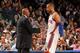 NEW YORK, NY - MARCH 20: Mike Woodson and Tyson Chandler #6 of the New York Knicks talk during the game against the Toronto Raptors on March 20, 2012 at Madison Square Garden in New York City. NOTE TO USER: User expressly acknowledges and agrees that, b