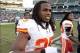 Dec 15, 2013; Oakland, CA, USA; Kansas City Chiefs running back Jamaal Charles (25) reacts at the end of the game against the Oakland Raiders at O.co Coliseum. The Chiefs defeated the Raiders 56-31. Mandatory Credit: Kirby Lee-USA TODAY Sports