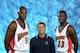 OAKLAND, CA - SEPTEMBER 30: Antawn Jamison #33, head coach Eric Musselman, and Jason Richardson #23 of the Golden State Warriors pose for a portrait during Media Day on September 30, 2002 at The Arena in Oakland in Oakland, California. NOTE TO USER: Use