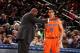 NEW YORK, NY - DECEMBER 8: Head Coach Mike Woodson of the New York Knicks talks with player Pablo Prigioni #9 of the New York Knicks during a game against the Boston Celtics at Madison Square Garden in New York City on December 8, 2013. NOTE TO USER: Use