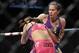April 13, 2013; Las Vegas, NV, USA; Cat Zingano hits Miesha Tate during the TUF 17 Finale at the Mandalay Bay Events Center. Mandatory Credit: Gary A. Vasquez-USA TODAY Sports