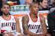 PORTLAND, OR - JANUARY 16: Nicolas Batum #88 and Damian Lillard #0 of the Portland Trail Blazers sit on the bench during the game against the Cleveland Cavaliers on January 16, 2013 at the Rose Garden Arena in Portland, Oregon. NOTE TO USER: User express