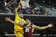 December 8, 2013; Los Angeles, CA, USA; Southern California Trojans guard Julian Jacobs (12) is fouled on a scoring drive by Boston College Eagles guard Olivier Hanlan (21) during the second half at Galen Center. Mandatory Credit: Gary A. Vasquez-USA TODA