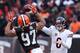 Dec 15, 2013; Cleveland, OH, USA; Chicago Bears quarterback Jay Cutler (6) throws a pass against Cleveland Browns outside linebacker Jabaal Sheard (97) during the second quarter at FirstEnergy Stadium. Mandatory Credit: Ron Schwane-USA TODAY Sports