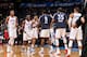 OKLAHOMA CITY, OK - MARCH 27: Oklahoma City Thunder players, from left, Perry Jones #3, Reggie Jackson #15, Jeremy Lamb #11, Serge Ibaka #9, Kevin Durant #35 and Russell Westbrook #0 celebrate during a timeout in a game against the Washington Wizards on M