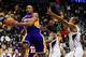 Dec 16, 2013; Atlanta, GA, USA; Los Angeles Lakers shooting guard Kobe Bryant (24) tries to keep the ball in bounds in the first quarter against the Atlanta Hawks at Philips Arena. Mandatory Credit: Daniel Shirey-USA TODAY Sports
