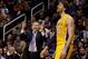 Jan. 30, 2013; Phoenix, AZ, USA: Los Angeles Lakers head coach Mike D'Antoni gestures towards forward Pau Gasol (16) against the Phoenix Suns at the US Airways Center. Mandatory Credit: Mark J. Rebilas-USA TODAY Sports