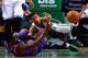 BOSTON, MA - DECEMBER 13: Phil Pressey #26 of the Boston Celtics dives for a loose ball in front of Amar'e Stoudemire #1 of the New York Knicks in the second half during the game at TD Garden on December 13, 2013 in Boston, Massachusetts. NOTE TO USER: Us