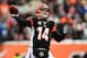 Dec 8, 2013; Cincinnati, OH, USA; Cincinnati Bengals quarterback Andy Dalton (14) throws a pass during the first quarter against the Indianapolis Colts at Paul Brown Stadium. Mandatory Credit: Andrew Weber-USA TODAY Sports