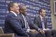 INDEPENDENCE, OH - APRIL 24: Mike Brown of the Cleveland Cavaliers is introduced as the new head coach alongside majority owner Dan Gilbert and general manager Chris Grant at The Cleveland Clinic Courts on April 24, 2013 in Independence, Ohio in Clevelan
