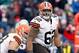 Dec 8, 2013; Foxborough, MA, USA; Cleveland Browns offensive lineman Jason Pinkston (62) at the line of scrimmage against the New England Patriots during the third quarter at Gillette Stadium. Mandatory Credit: Stew Milne-USA TODAY Sports