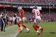 SAN FRANCISCO, CA - NOVEMBER 13: Michael Crabtree #15 of the San Francisco 49ers catches a pass in front of Corey Webster #23 of the New York Giants for a two point conversion sat Candlestick Park on November 13, 2011 in San Francisco, California. (Phot