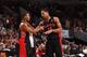 CHICAGO, IL - APRIL 9: Kyle Lowry #3 and DeMar DeRozan #10 of the Toronto Raptors share a word during the game against the Chicago Bulls on April 09, 2013 at the United Center in Chicago, Illinois. NOTE TO USER: User expressly acknowledges and agrees tha