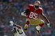SAN FRANCISCO, CA - DECEMBER 01: Vernon Davis #85 of the San Francisco 49ers leaps over would be tackler Rodney McLeod #23 of the St. Louis Rams during the first quarter at Candlestick Park on December 1, 2013 in San Francisco, California. (Photo by The