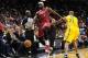 Dec 18, 2013; Miami, FL, USA; Miami Heat small forward LeBron James (6) is pushed by Indiana Pacers power forward David West (21) during the first half at American Airlines Arena. Mandatory Credit: Steve Mitchell-USA TODAY Sports