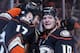 ANAHEIM, CA - OCTOBER 10: Dustin Penner #17 and Corey Perry #10 of the Anaheim Ducks celebrate Ryan Getzlaf's (not pictured) goal in the first period against the New York Rangers at Honda Center on October 10, 2013 in Anaheim, California. (Photo by Jeff