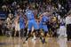 OAKLAND, CA - NOVEMBER 14: Russell Westbrook #0 celebrates with teammate Kevin Durant #35 of the Oklahoma City Thunder after making the three pointer to take the lead against the Golden State Warriors on November 14, 2013 at Oracle Arena in Oakland, Calif
