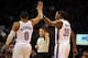 Nov 18, 2013; Oklahoma City, OK, USA; Oklahoma City Thunder small forward Kevin Durant (35) congratulates Oklahoma City Thunder point guard Russell Westbrook (0) in action against the Denver Nuggets during the fourth quarter at Chesapeake Energy Arena. Ma