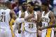 March 14, 2012; Indianapolis, IN, USA; Indiana Pacers power forward David West (21), small forward Danny Granger (33) and shooting guard Paul George (24) celebrate against Philadelphia 76ers at Bankers Life Fieldhouse. Indiana defeated Philadelphia 111-94