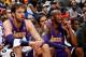 ATLANTA, GA - DECEMBER 16: Pau Gasol #16 and Kobe Bryant #24 of the Los Angeles Lakers look on during the game against the Atlanta Hawks at Philips Arena on December 16, 2013 in Atlanta, Georgia. NOTE TO USER: User expressly acknowledges and agrees that