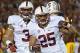 Nov 16, 2013; Los Angeles, CA, USA; Stanford Cardinal running back Tyler Gaffney (25) celebrates with receiver Michael Rector (3) after scoring a touchdown in the first quarter against the Southern California Trojans at Los Angeles Memorial Coliseum. Mand